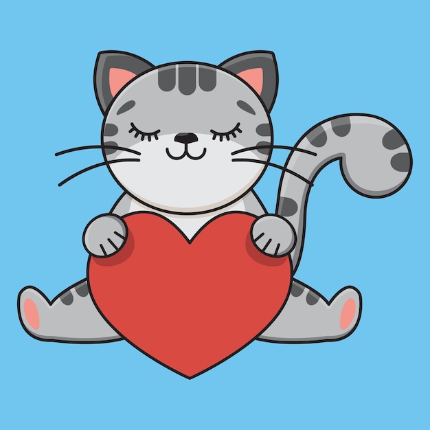 Cartoon gray cat holding a red heart Children's print Vector sticker Vector illustration