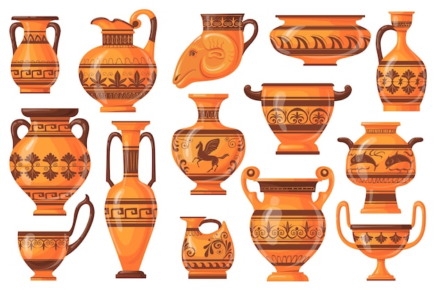 Cartoon greek pots Ancient pottery ceramic vases old antique pot jug jars vase isolated collection craft earthenware of greece clay ornament oil bowl neat vector illustration