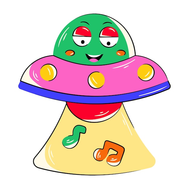 A cartoon of a green alien with a pink and red alien spaceship.