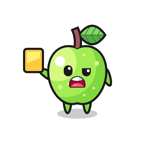 Cartoon green apple character as a football referee giving a yellow card