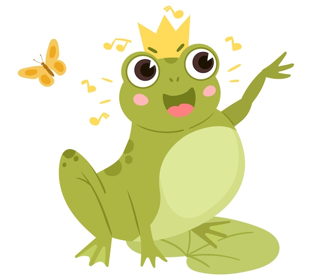 Cartoon green frog in crown sitting in pond flat vector illustration on white background