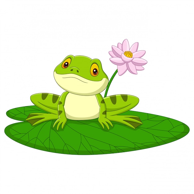 Cartoon green frog sitting on a leaf