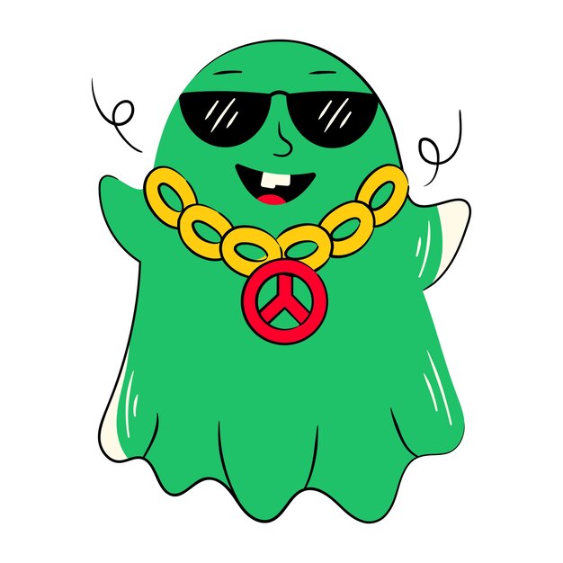 Vector a cartoon of a green ghost wearing a necklace and sunglasses with a peace sign on it.