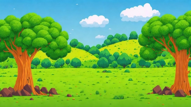 A cartoon green landscape with trees and rocks background art