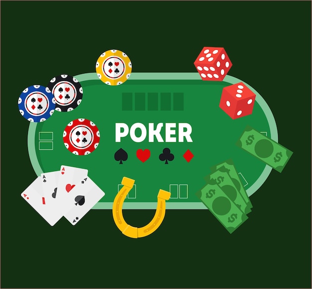 Cartoon Green Poker Table Casino on Green Play Gambling Game Flat Design Style. Vector illustration