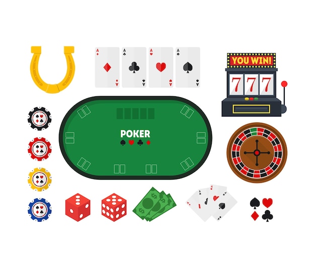 Cartoon Green Poker Table and Equipment Casino Set for Interior Play Gambling Game Flat Design Style .  illustration