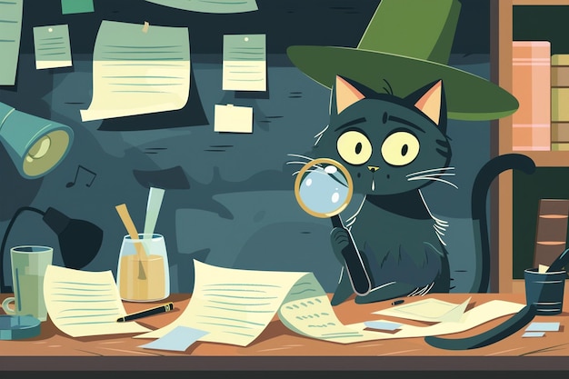 Vector cartoon grey cat detectives office