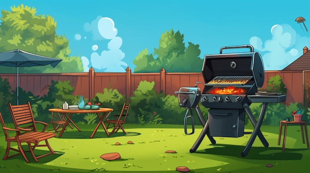 Vector a cartoon of a grill with a table and chairs