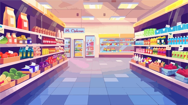 a cartoon of a grocery store with a sign that says all products