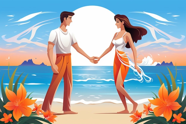 Vector cartoon groom and wife touching hands