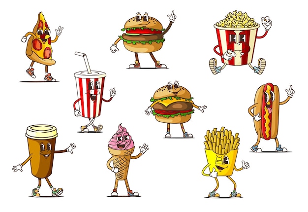 Vector cartoon groovy fast food restaurant characters