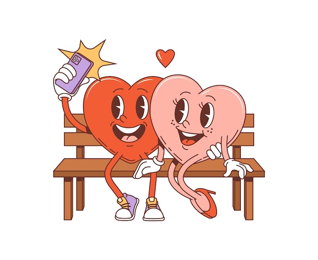 Vector cartoon groovy valentine heart couple make selfie