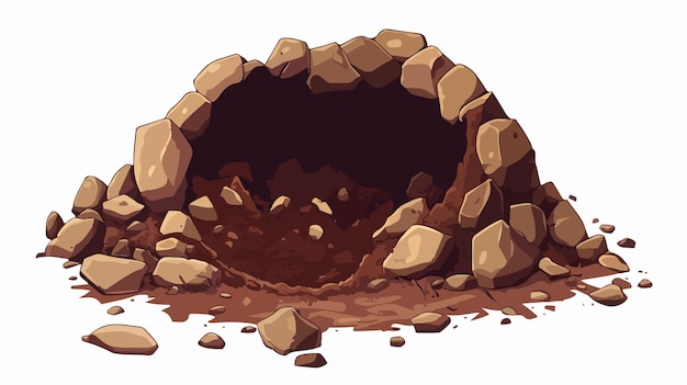 Vector cartoon ground pit hole with stones and soil