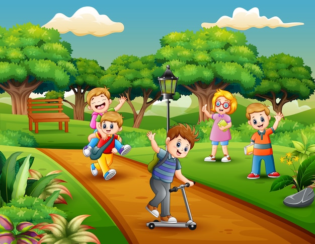 Cartoon group of children playing in the park