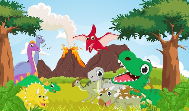 Cartoon group of dinosaur with the prehistoric background