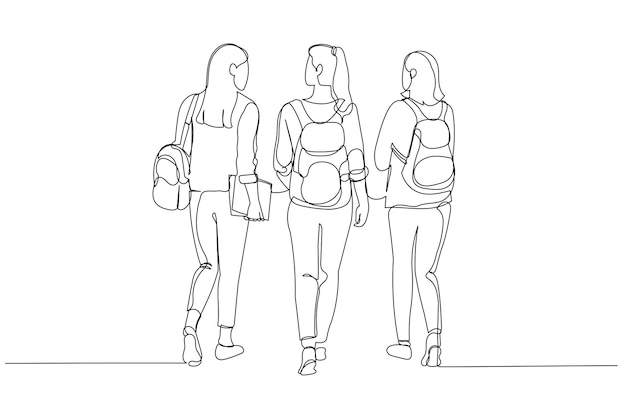 Cartoon of group of female friend walk in aisle going home One continuous line art style