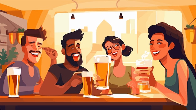 a cartoon of a group of people having a beer with a man and woman sitting at a bar with a beer in front of them