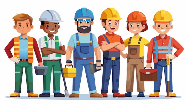 Vector a cartoon of a group of people with hard hats and a yellow hard hat