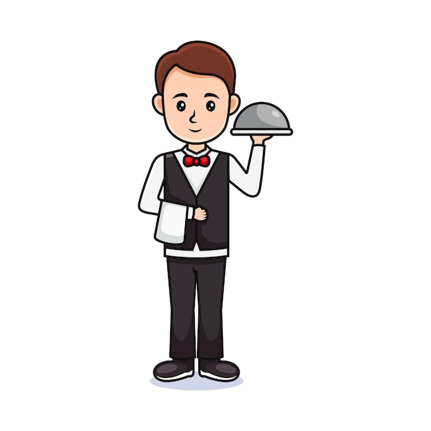 cartoon guy . Friendly handsome man in waiters clothes, holding a food and towel