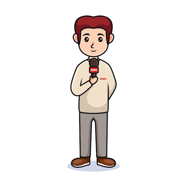 cartoon guy. Friendly handsome reporter in casual clothes, holding a mic