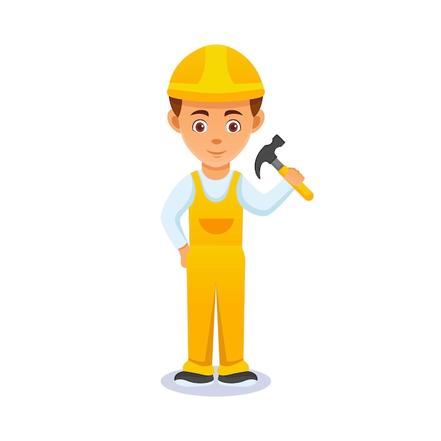 cartoon guy with glasses in various poses. Friendly handsome man in construction clothes, hammer