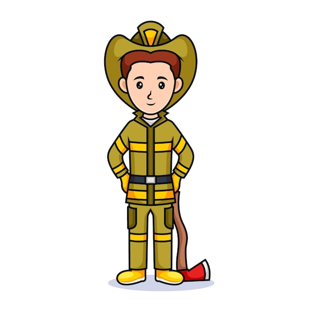 Cartoon guys. Friendly handsome man in firefighter clothes, holding a ax