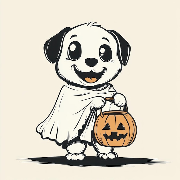 Cartoon Halloween Dog wearing ghost sheet holding jack o lantern bucket vector clean simple black