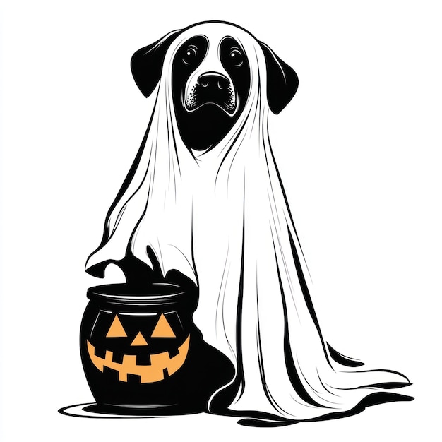 Cartoon Halloween Dog wearing ghost sheet holding jack o lantern bucket vector silhouette black