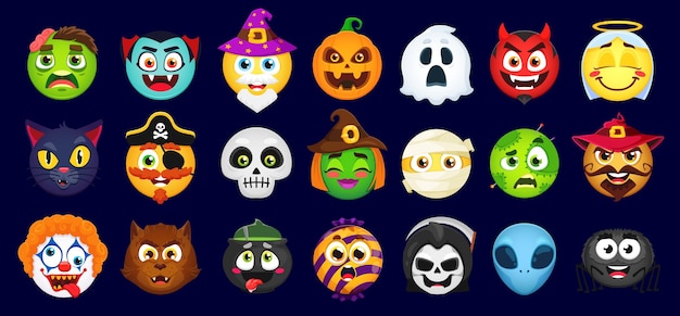 Cartoon Halloween emoji set Vector zombie vampire wizard pumpkin and ghost Devil angel black cat and pirate Skull witch mummy and voodoo doll with sinister clown werewolf alien or cauldron