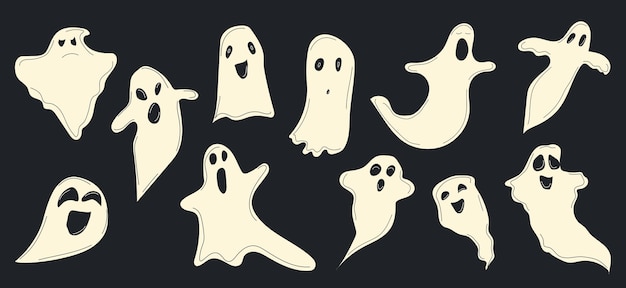 Cartoon halloween ghost, ghosted spooky spirit and mysterious phantoms.