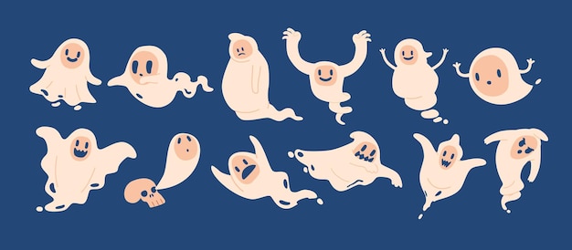 Cartoon Halloween Ghosts Characters Flying With A Playful Emotions Isolated Cute And Adorable Spook Personages Charming And Whimsical Spooky Phantoms Celebrate Holiday Vector Illustration