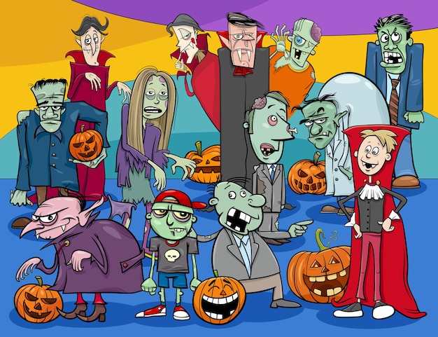 Cartoon halloween holiday spooky characters group