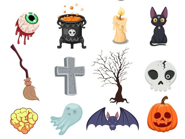 Cartoon Halloween icon set vector. pumpkin, ghost, brain, bat, skull, gravestone, tree, candle, broom, eyeball, cat, witches cauldron. Vector illustration