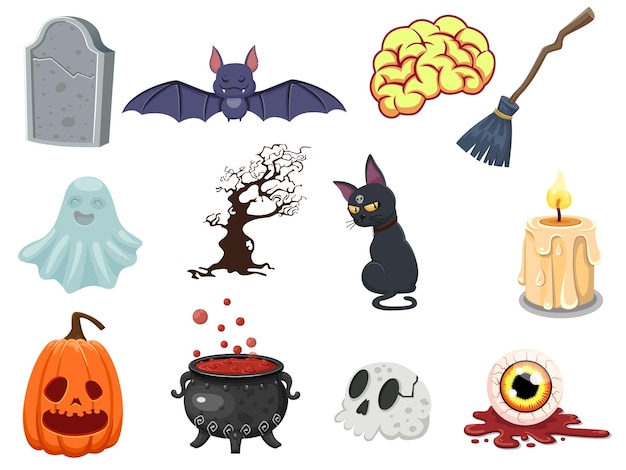 Cartoon Halloween icon set vector. pumpkin, ghost, brain, bat, skull, gravestone, tree, candle, broom, eyeball, cat, witches cauldron. Vector illustration