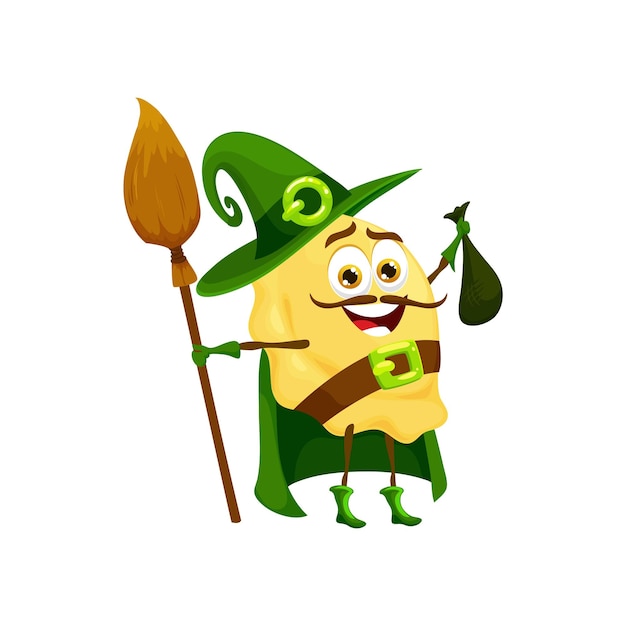 Cartoon Halloween orecchiette pasta sorcerer character Wizard mage or magician Italian restaurant pasta isolated vector happy personage Warlock Italy cuisine noodle cheerful or mascot with broom