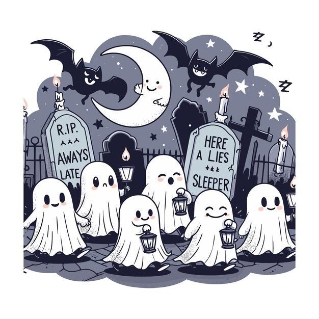 Vector cartoon halloween parade of sleepy ghosts marching through a moonlit graveyard