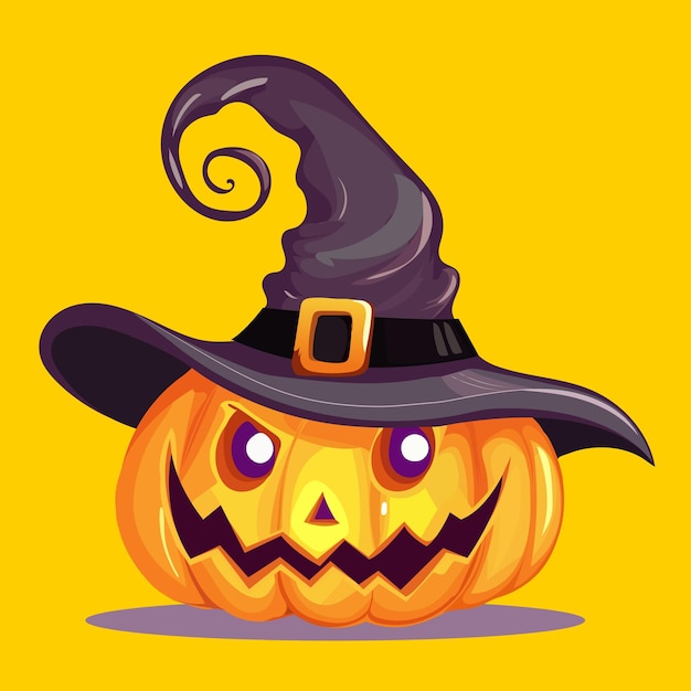 Cartoon halloween pumpkin wearing witch hat