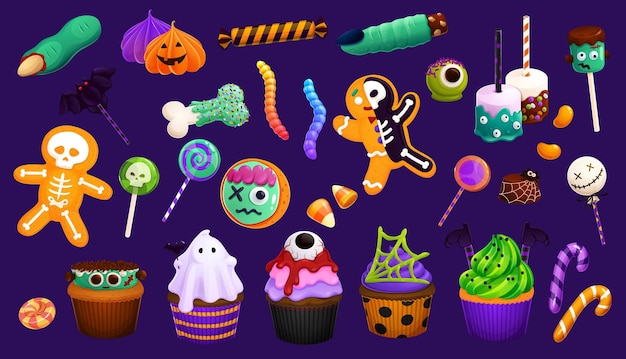 Cartoon Halloween sweets cupcakes and lollipops