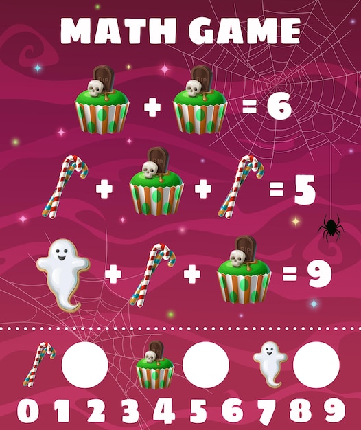 Cartoon Halloween sweets on math game worksheet