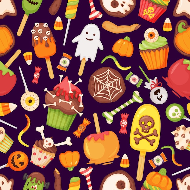 Cartoon Halloween treats candies sweets seamless pattern spooky eye lollipop ghost vector texture