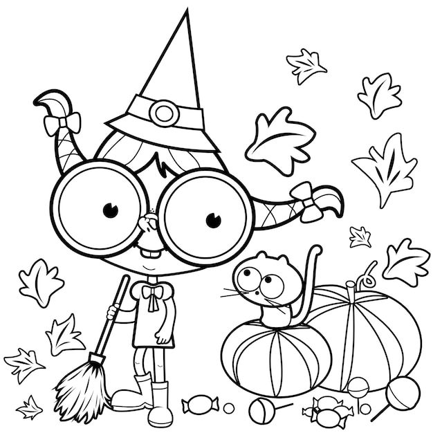 Vector cartoon halloween witch with a broom and black cat sweeping pumpkin leaves vector coloring page