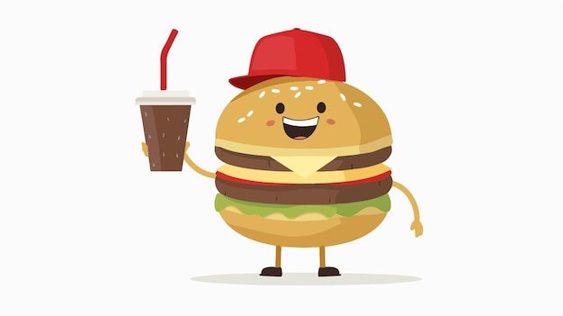 Vector cartoon hamburger in red cap holding a cup of soda