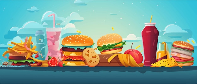 a cartoon of a hamburger and some fruits on a table