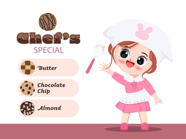 Cartoon hand drawn character cute chef in bakery shop. Cute chef with cookie dark chocolate and pink