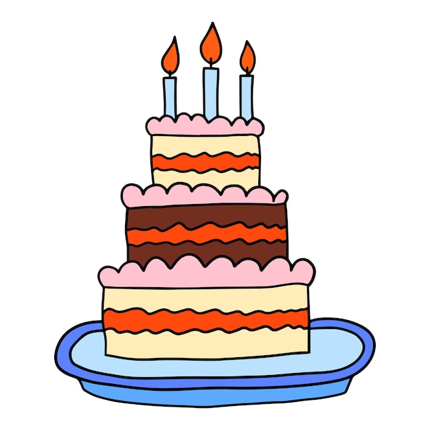 Cartoon hand drawn doodle big cake with candles