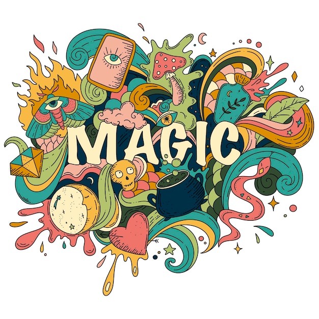 Cartoon hand drawn doodles about magic Magic coloring page