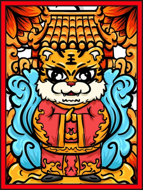 Cartoon hand drawn illustration design of Chinese New Year and the year of the tiger