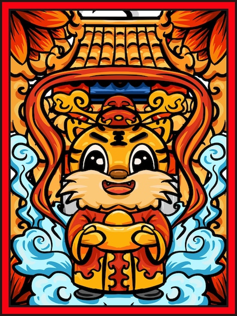 Cartoon hand drawn illustration design of Chinese New Year and the year of the tiger