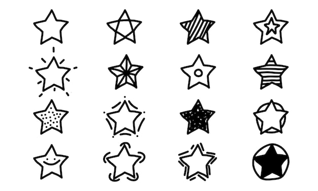 Cartoon hand drawn star and hand drawn night icon set Doodle set design and element drawing