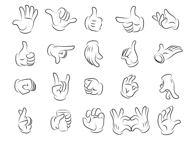 Cartoon hand gestures Comic human character body parts with emotion expressions Arm fingers and fist clipart sketch collection Isolated palms in gloves pointing or gesturing Vector limbs poses set